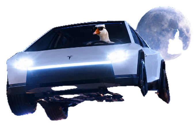 The goose at the wheel of the stainless roadster, moon behind